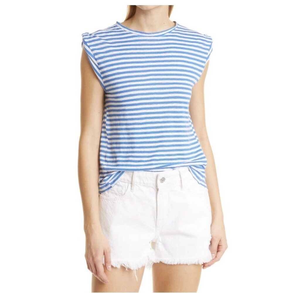 Frame Striped Organic Linen Roll Cuff Muscle Tee Blue White M Preppy Sailor